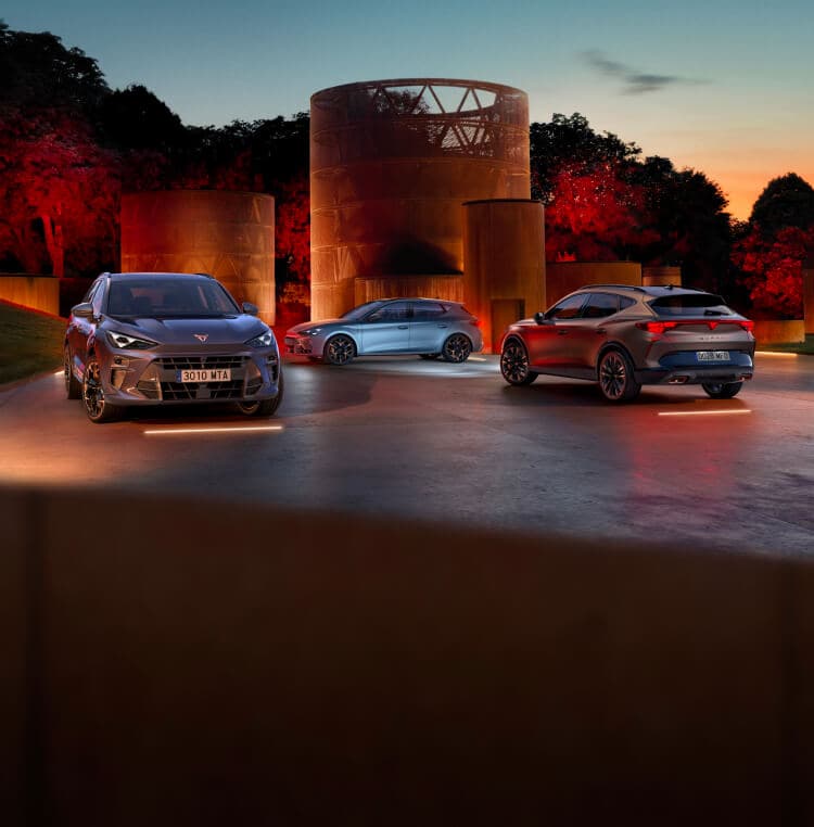Coches de la gama CUPRA con una puesta de sol de fondo.